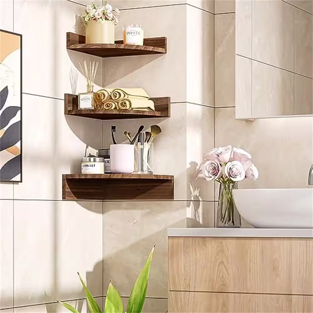 None 12 in. W x 12 in. D x 3.54 in. H Dark Brown Rustic Wood Corner Decorative Wall Shelf, (Set of 3)