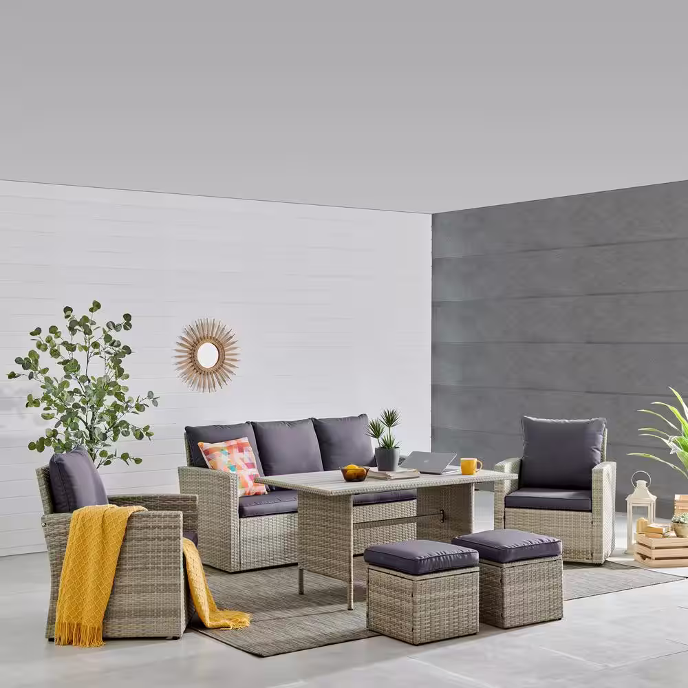 Barton 6-Piece Wicker Rattan Outdoor Patio Conversation Furniture Set with Coffee Table and Solid Cushion Chairs