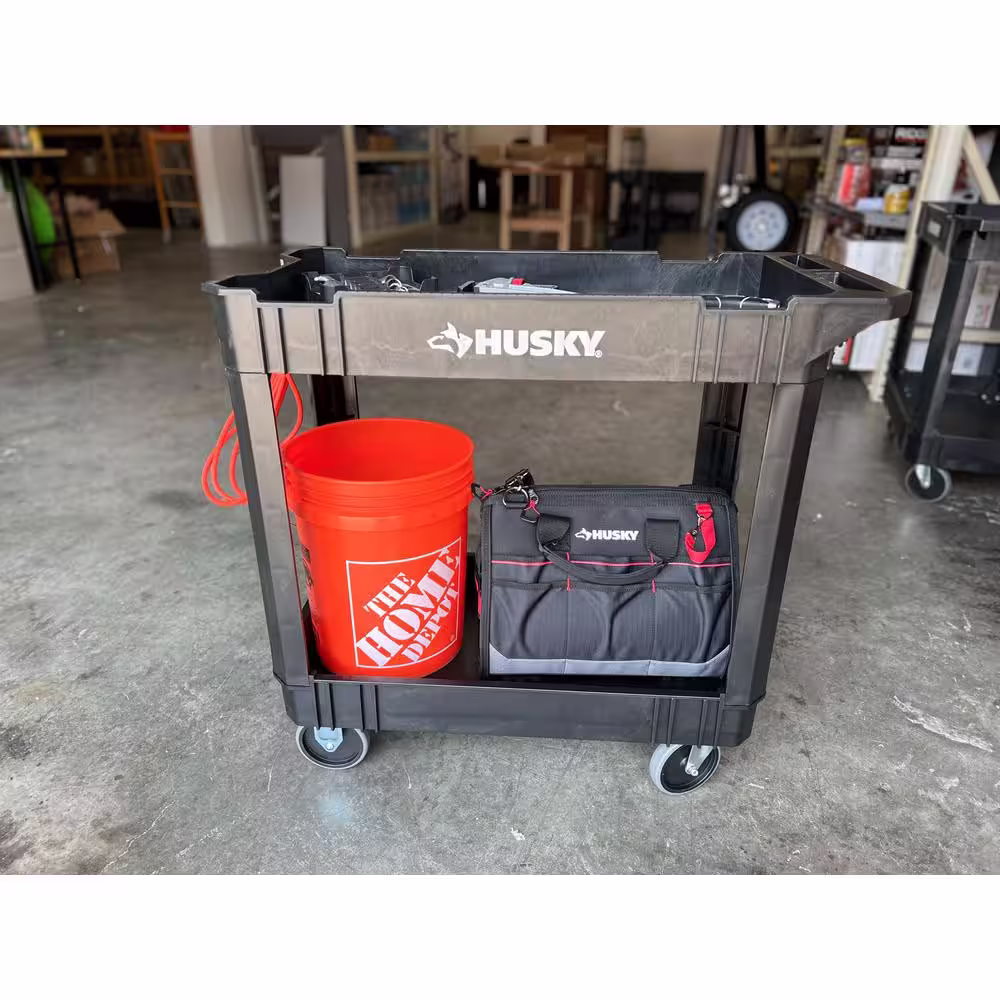 Husky 2-Tier Plastic 4-Wheeled Service Cart in Black with 500 lb. Capacity