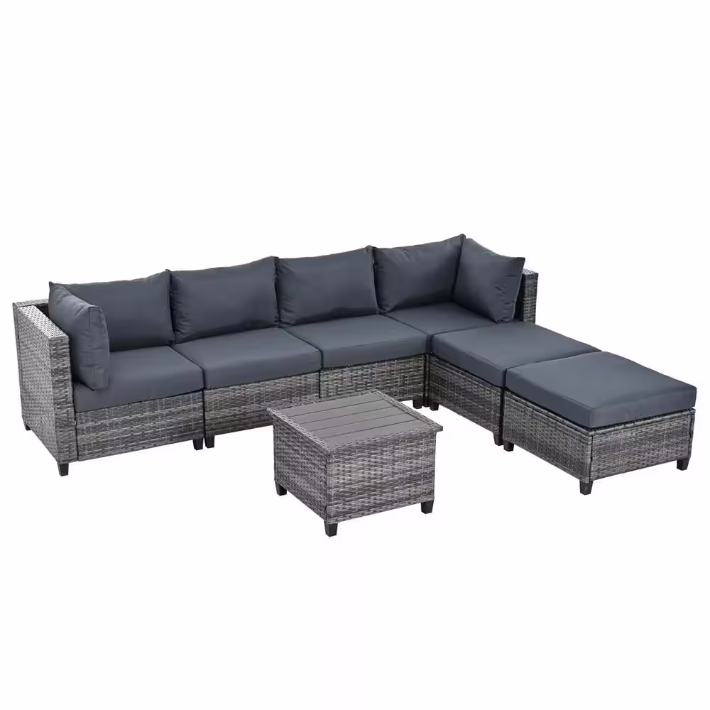 Nestfair 7-Piece Wicker Patio Conversation Set with Gray Cushions and Coffee Table