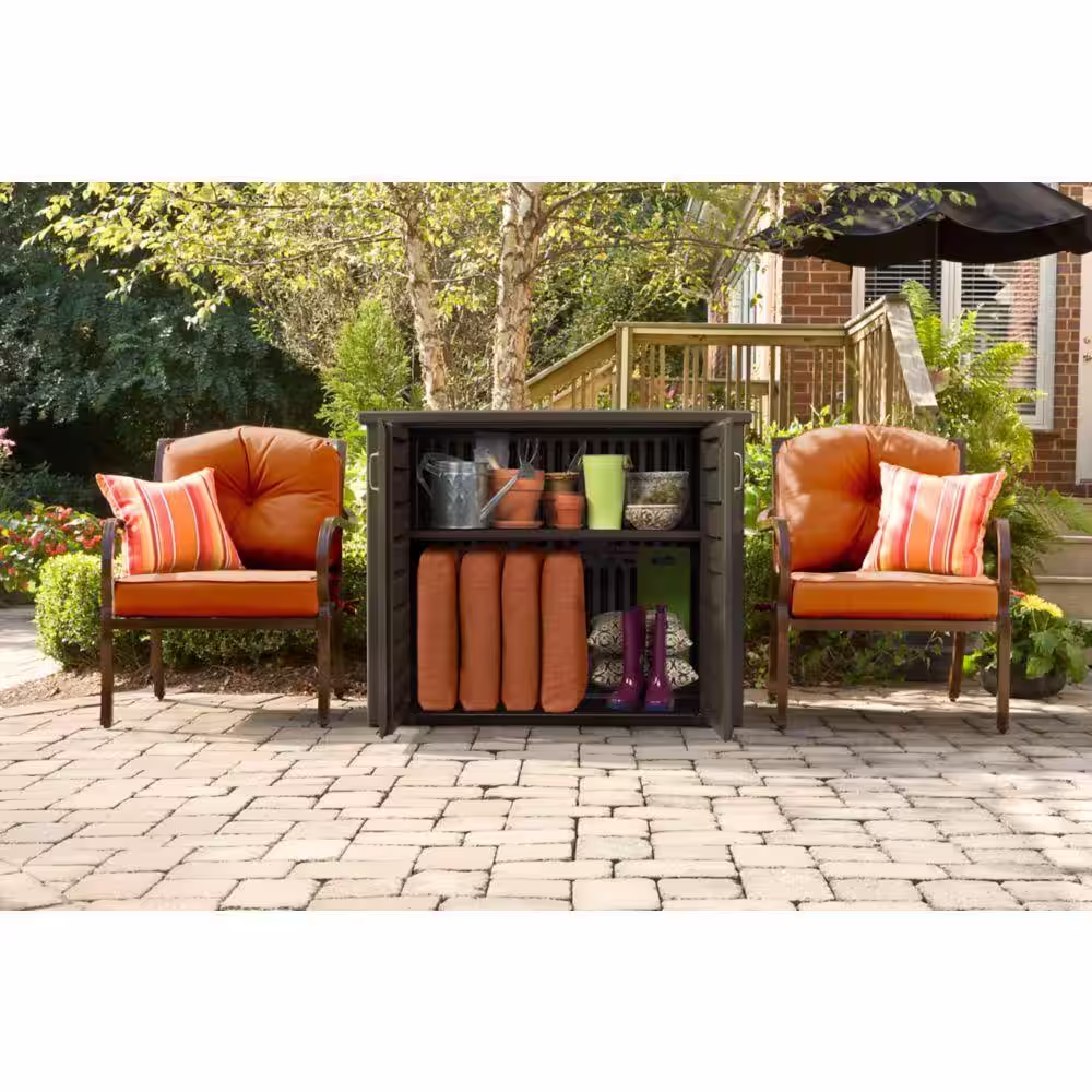 Rubbermaid Patio Chic 123 Gal. Resin Basket Weave Patio Cabinet in Brown