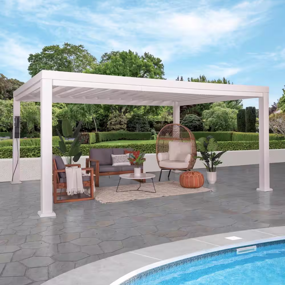 Backyard Discovery Windham 16 ft. x 12 ft. White Steel Modern Pergola with Sail Shade Soft Canopy
