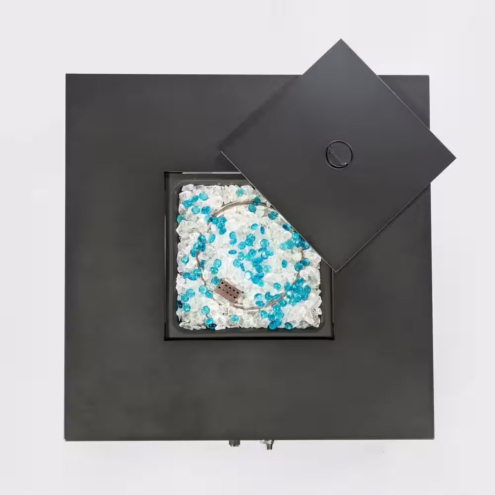 Tidoin Brown Square Wicker Outdoor Fire Pit Table with Black Lid and Beige Cover