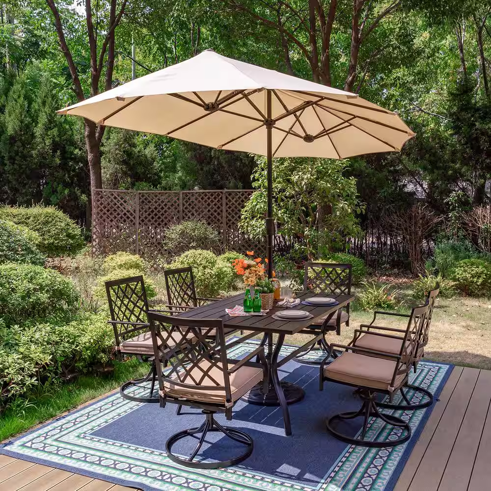 None Black 8-Piece Metal Patio Outdoor Dining Set with Slat Table, Umbrella and Swivel Chairs with Beige Cushions