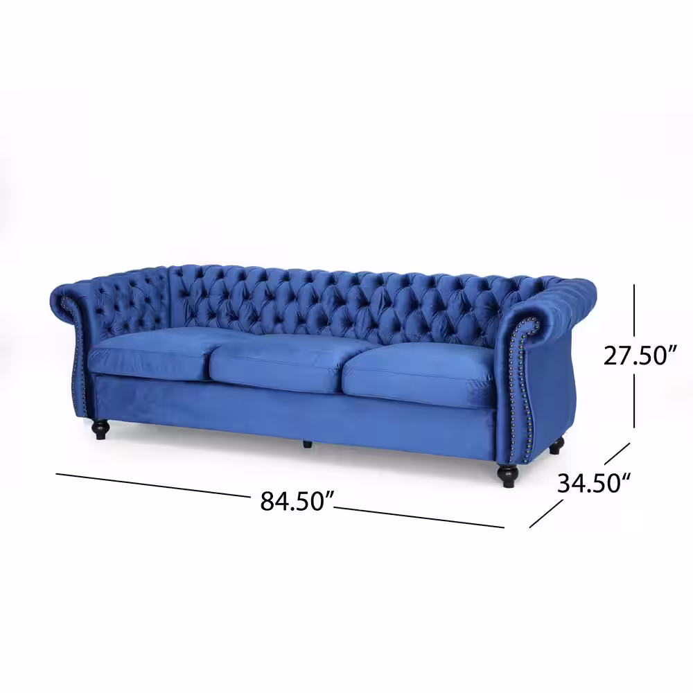 Noble House Sommerville Navy Blue Velvet 3-Seater Chesterfield Sofa with Flared Arms