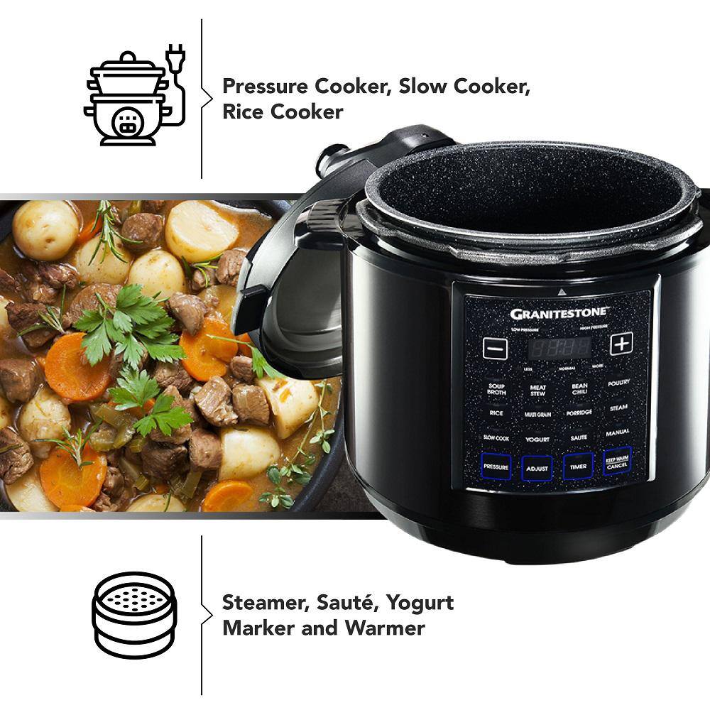 GRANITESTONE 6 Qt. Black Electric Triple Layer Titanium Coating Multi-Pressure Cooker with Built-In Timer and Pre-Settings