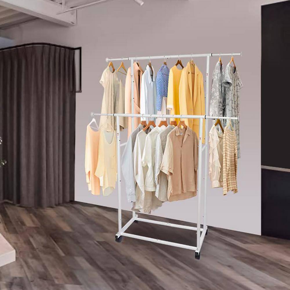 None White Metal Garment Clothes Rack Double Rod 48 in. W x 65 in. H