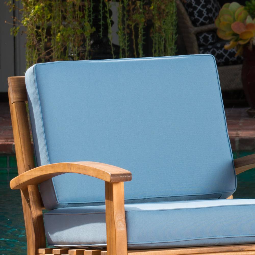 Noble House Galilea Teak Finish 4-Piece Wood Patio Conversation Set with Blue Cushions