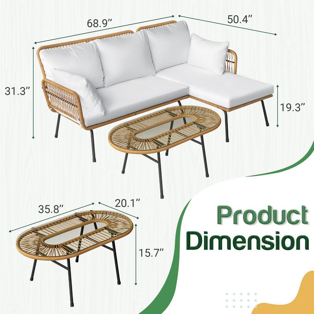 None Boho 3-Piece L Shape Handwaven Wicker Patio Conversation Set with Round Table and Off White Cushion