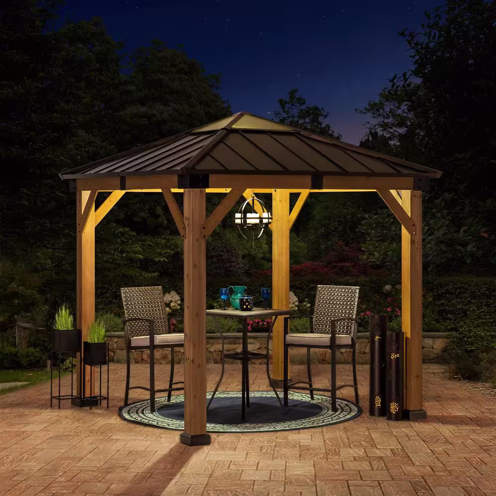 Sunjoy Jalen 9 ft. x 9 ft. Cedar Framed Gazebo with Brown Steel and Polycarbonate Hip Roof Hardtop