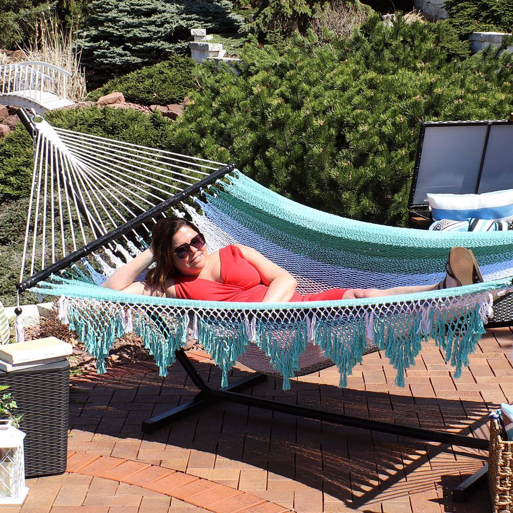 Sunnydaze Decor Sunnydaze 4.5 ft. Woven Hammock with Wooden Spreader Bars - Lagoon Stripes