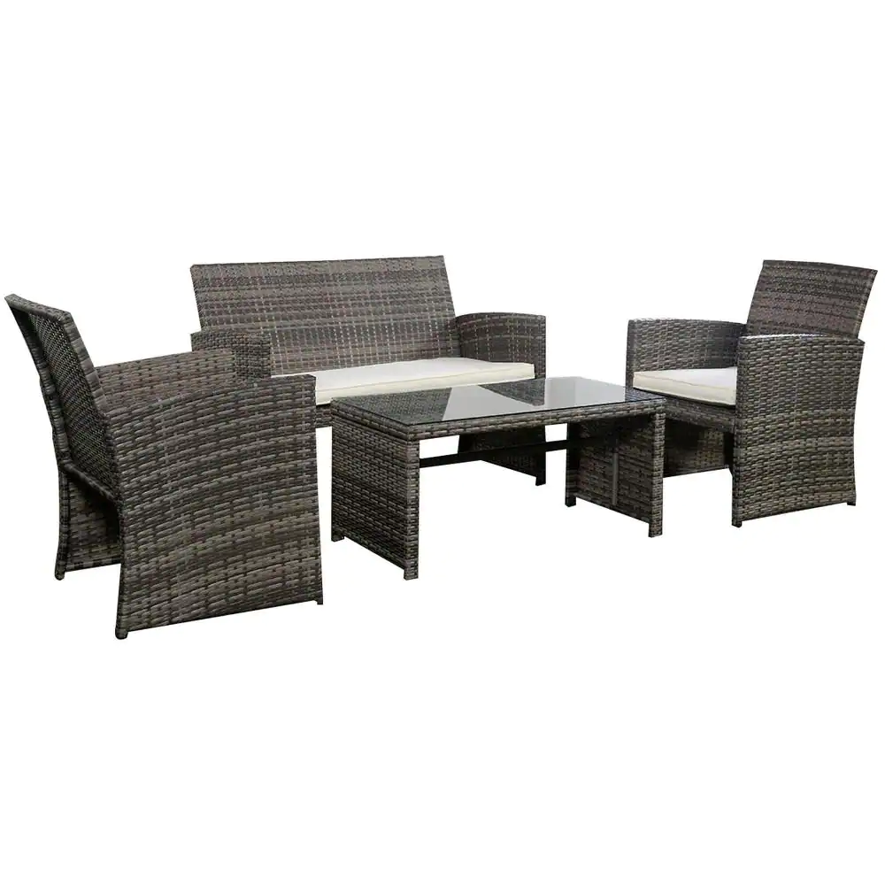 Costway Mix Gray 4-Piece Rattan Wicker Patio Conversation Set with Beige White Cushions Garden Lawn Furniture