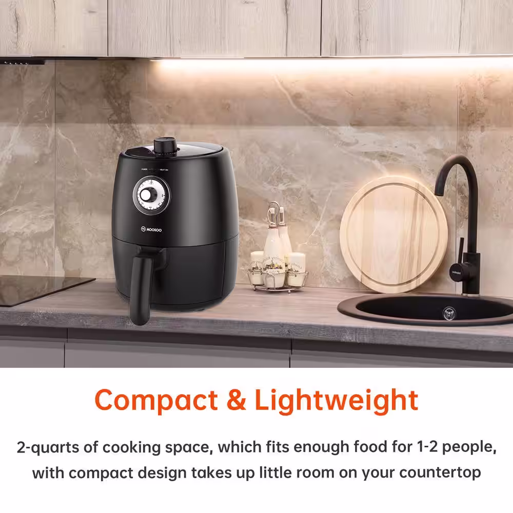 MOOSOO 2 qt. Black Air Fryer for 1-2 People with Timer, Temperature Controls, Recipe Book, and 50 Pieces Paper Liner, 1200-Watt