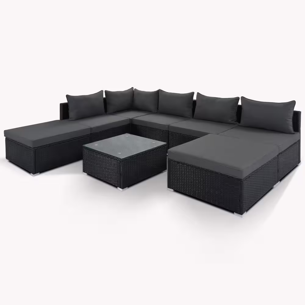 None Black 8-Pieces Patio Wicker Outdoor Conversation Sets with Gray Cushions
