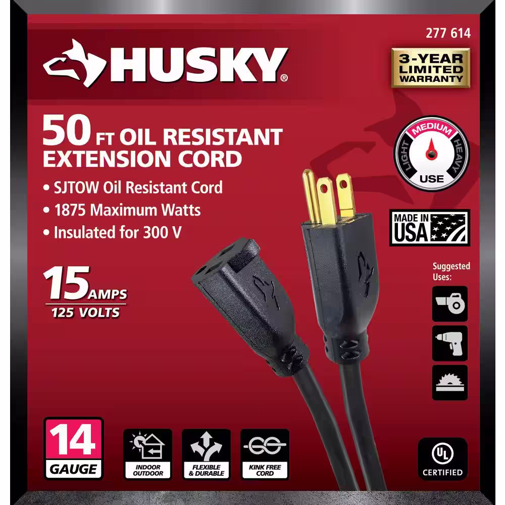 Husky 50 ft. 14/3 Medium Duty Indoor/Outdoor Oil Resistant Extension Cord, Black