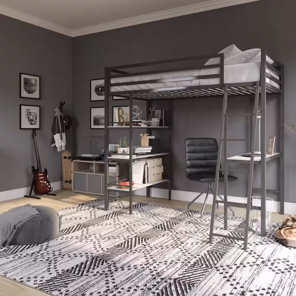 Little Seeds Nova Gunmetal Gray Metal Twin Loft Bed with Shelves