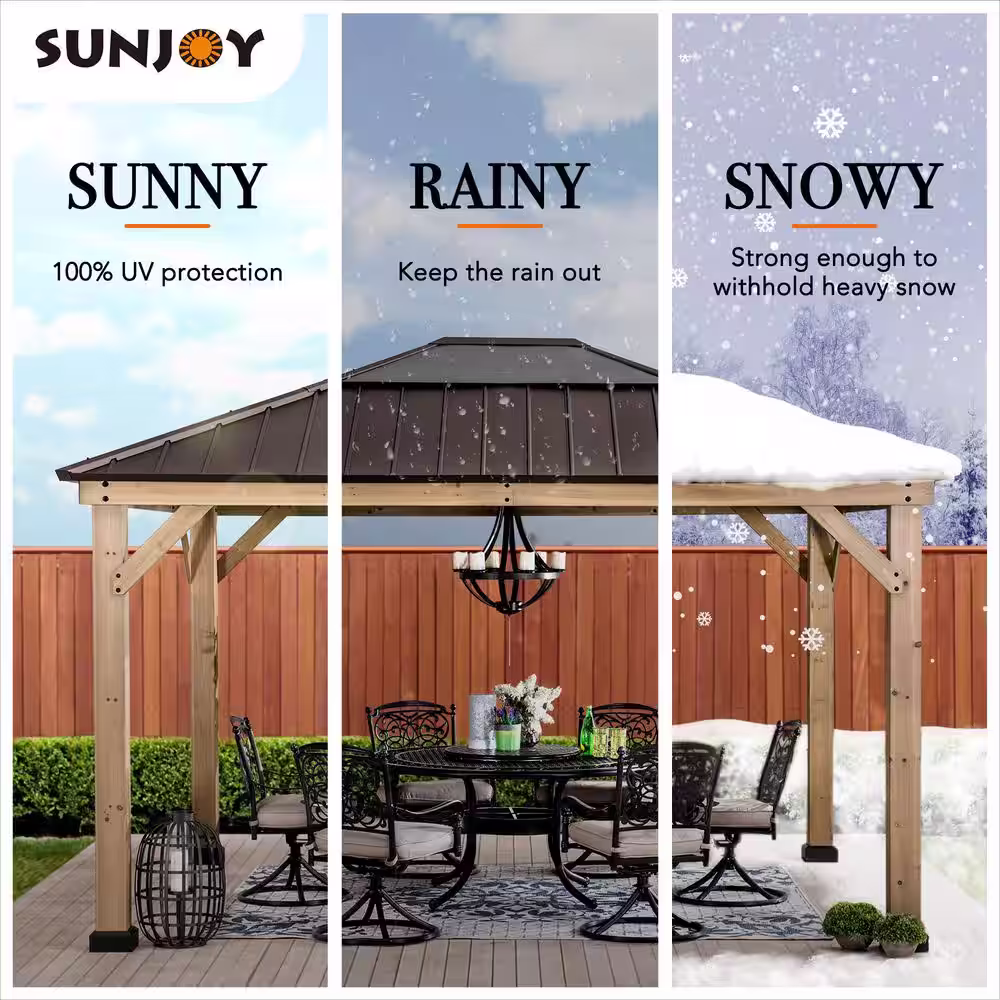 Sunjoy Imani 11 ft. x 13 ft. Cedar Framed Gazebo with Brown Steel and Polycarbonate Hip Roof Hardtop