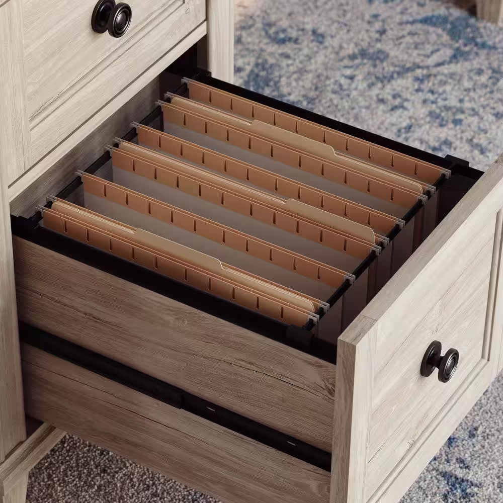 SAUDER Hammond 67.559 in. Chalk Oak Engineered Wood 6-Drawer Executive Desk with Flip-Down Keyboard Shelf