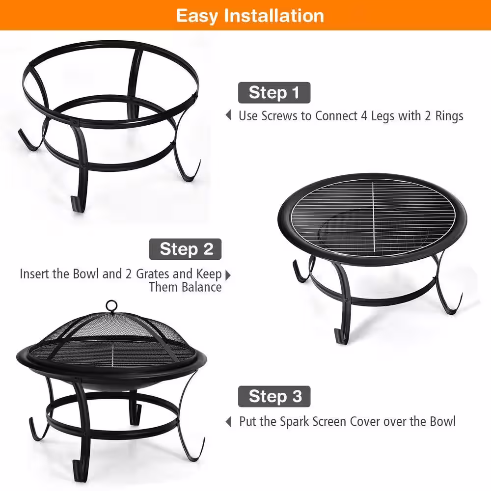 ANGELES HOME 22 in. W x 18.5 in. H Outdoor Round Steel Wood Burning Fire Pit Bowl with Cooking Grill and Spark Screen