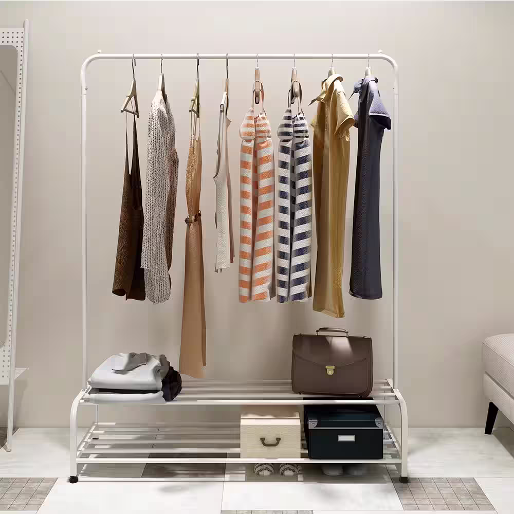 None White with Lower Storage Shelf Metal Clothes Rack 43.3 in. W x 59.92 in. H