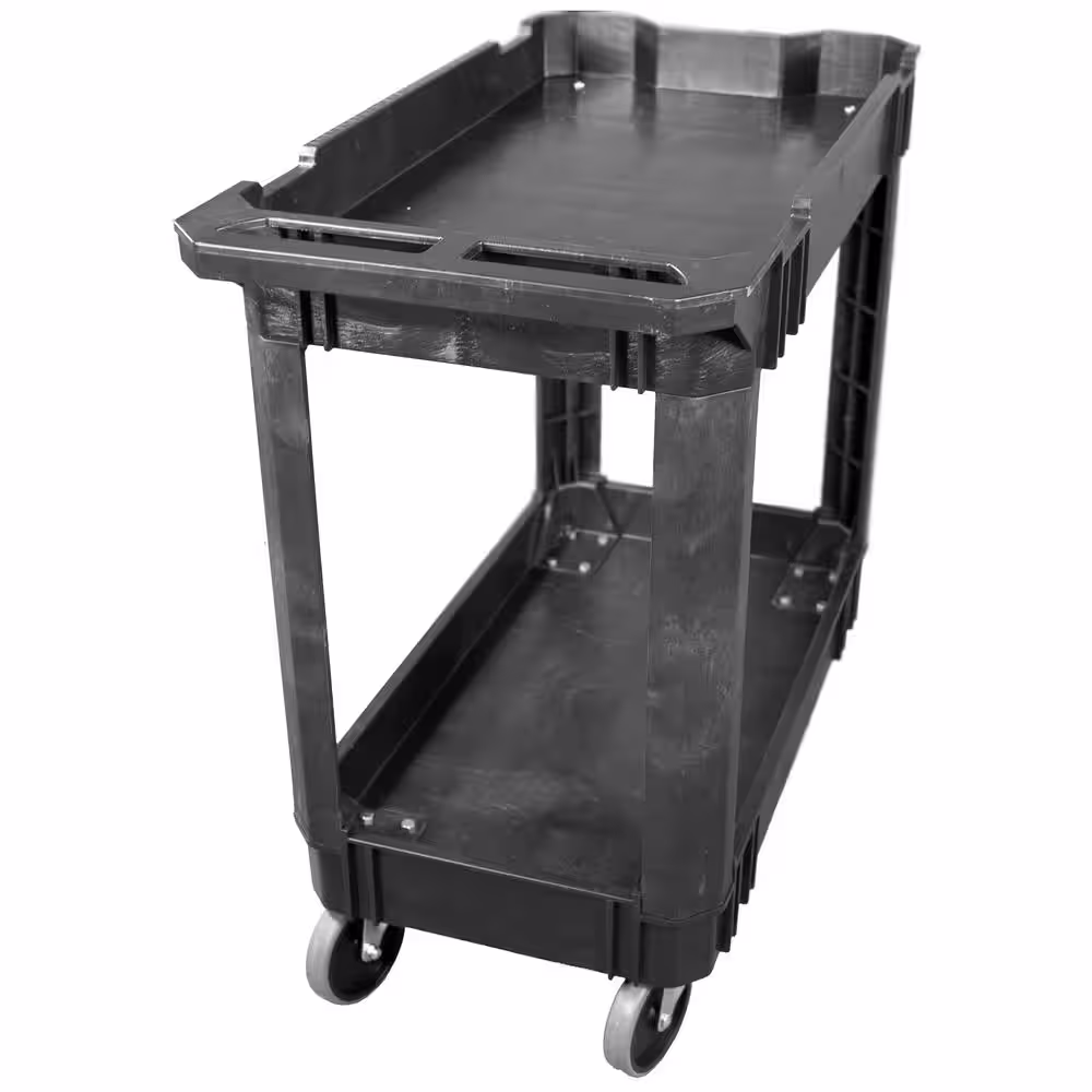 Husky 2-Tier Plastic 4-Wheeled Service Cart in Black with 500 lb. Capacity