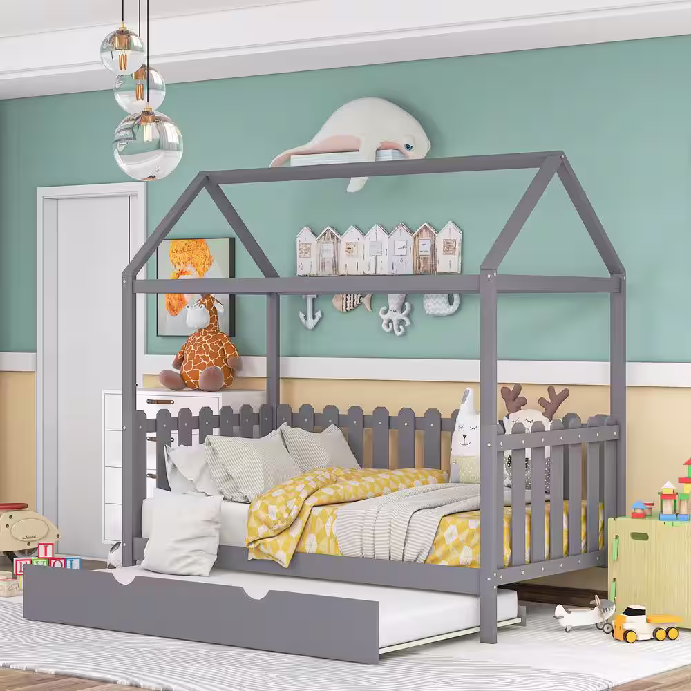 ANBAZAR Gray Twin Size Wood House Bed with Trundle, Twin Kids Canopy Bed Daybed with Roof and Fence-Shaped Guardrail