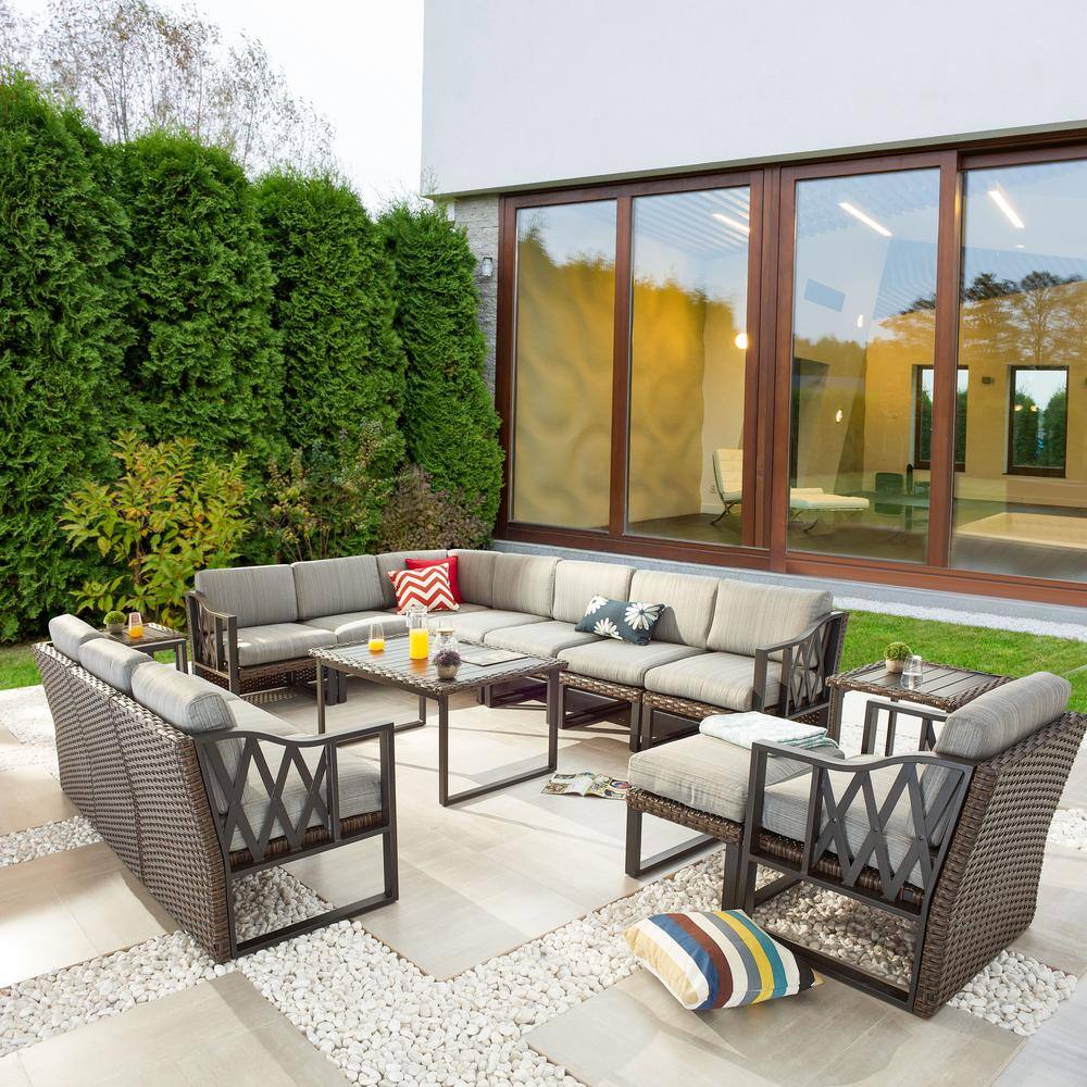 Patio Festival 15-Piece Wicker Patio Conversation Set with Gray Cushion