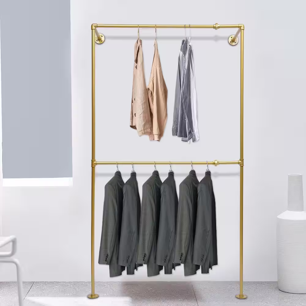 None Gold Simple Pipe Wall Mounted Iron Display Clothes Rack 47.2 in. x 82.67 in.