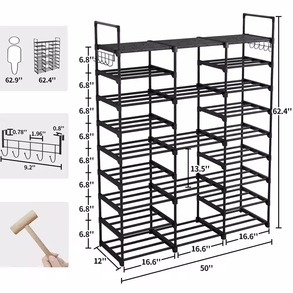 None 62 in. H 50-Pair 9-Tier Black Metal Shoe Rack