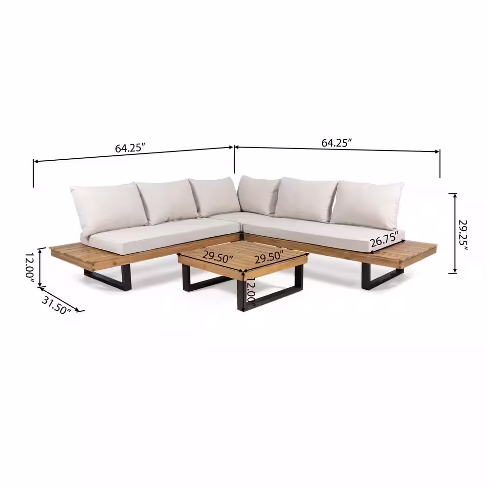 Noble House Sebastian Teak Brown 4-Piece Wood Patio Conversation Sectional Seating Set with Beige Cushions