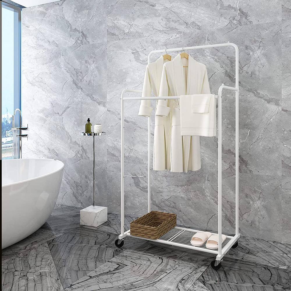 None White Metal Garment Clothes Rack Double Rods 28.5 in. W x 59.6 in. H