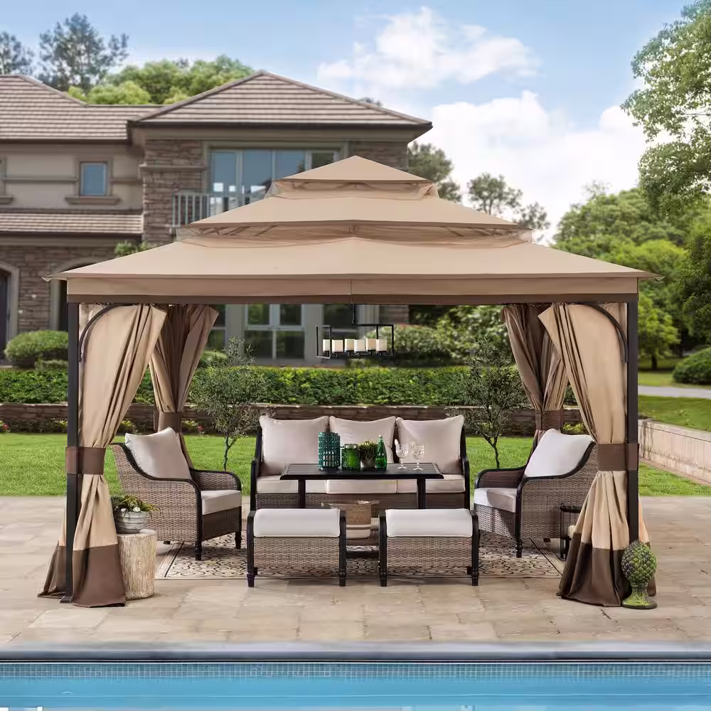 Sunjoy Bethlehem 13 ft. x 13 ft. Steel Gazebo with 3-Tier Tan and Brown Canopy