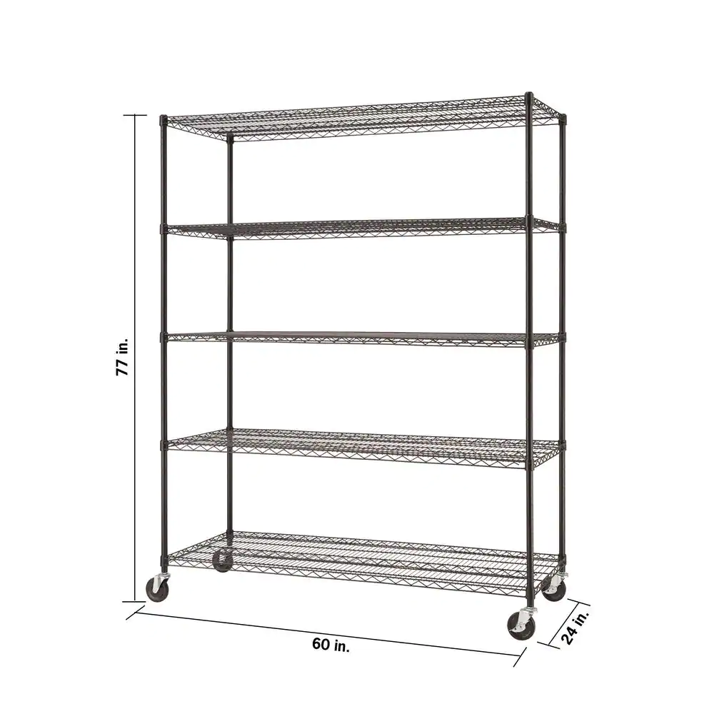 TRINITY EcoStorage Black 5-Tier Rolling Steel Wire Shelving Unit (60 in. W x 77 in. H x 24 in. D)