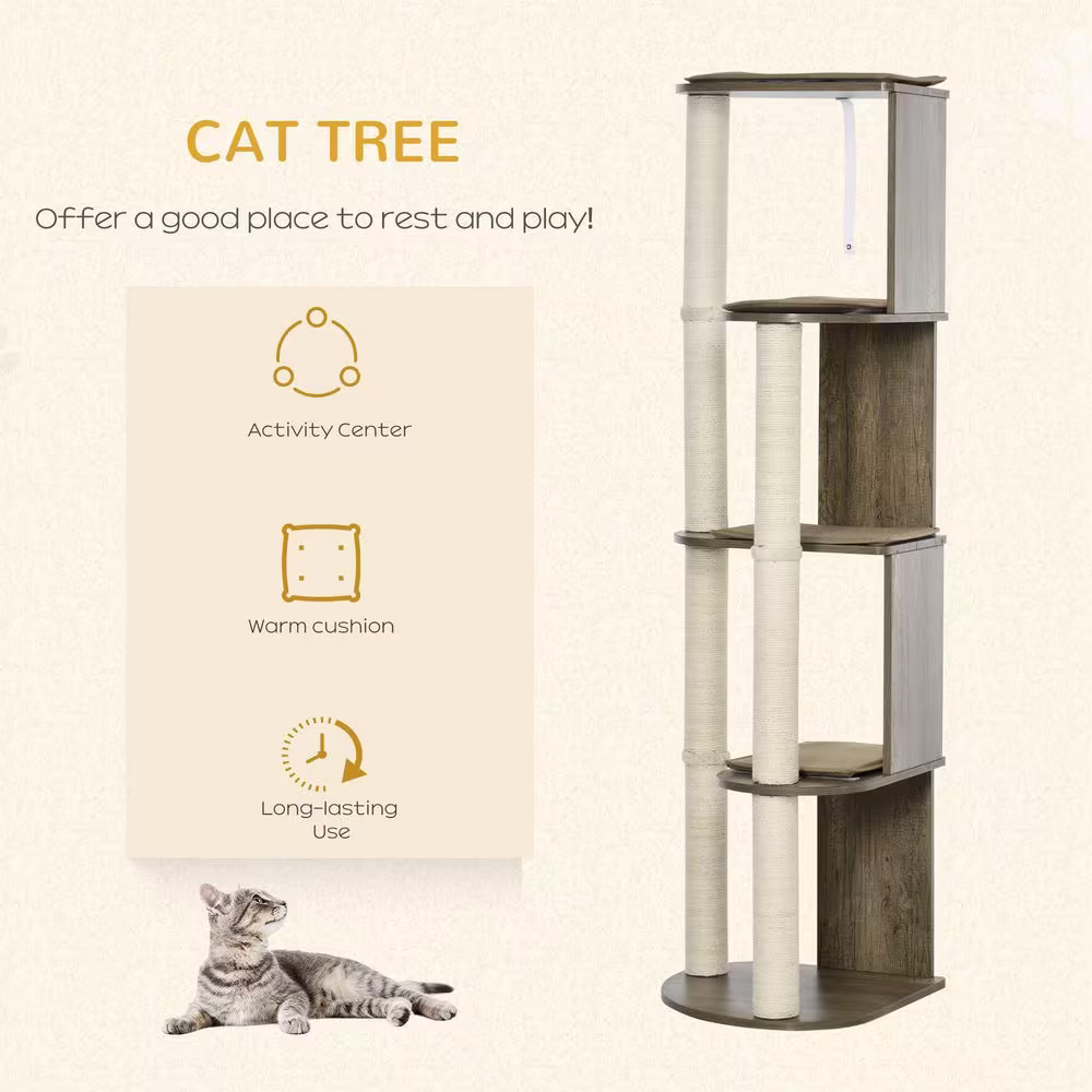 PawHut Multi-Lever Cat Tree, Activity Center Cat Tower with Jute Scratching Posts, Four Mats, Elevated Perches