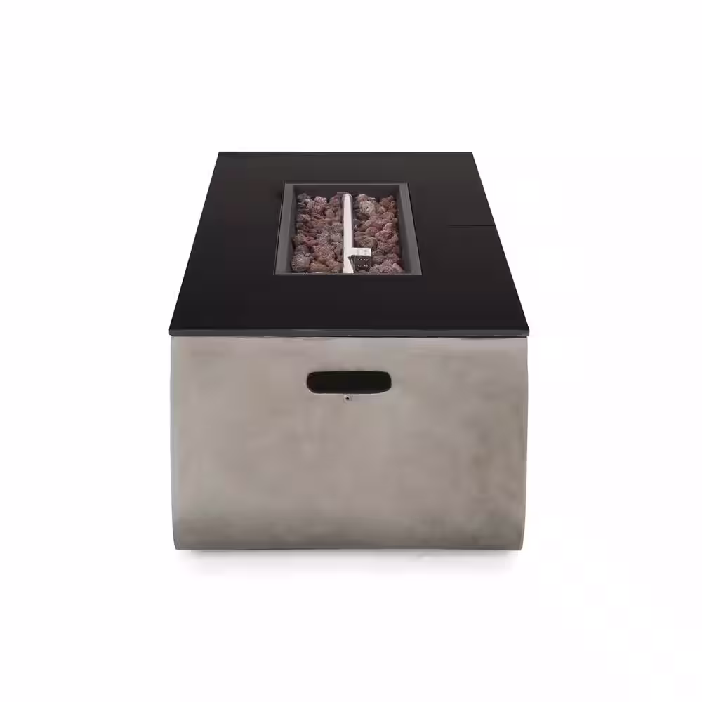 Noble House Delphine Light Grey and Grossy Black Rectangular Stone Fire Pit (No Tank Holder)