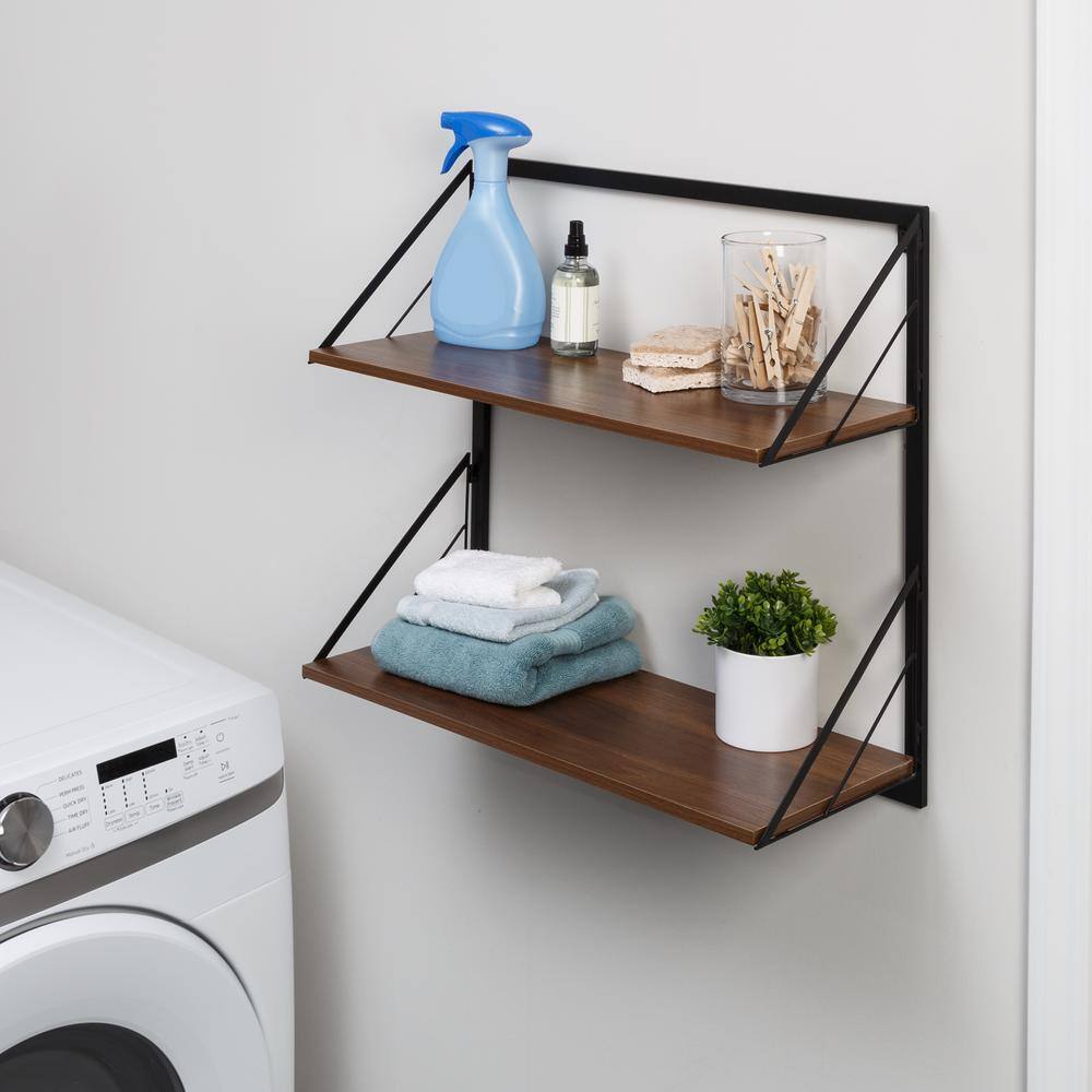 Honey-Can-Do Laundry Room Makeover 22 in. H x 24 in. W x 10 in. D 2-Tier Melamine and Steel Shelf in Black/Walnut