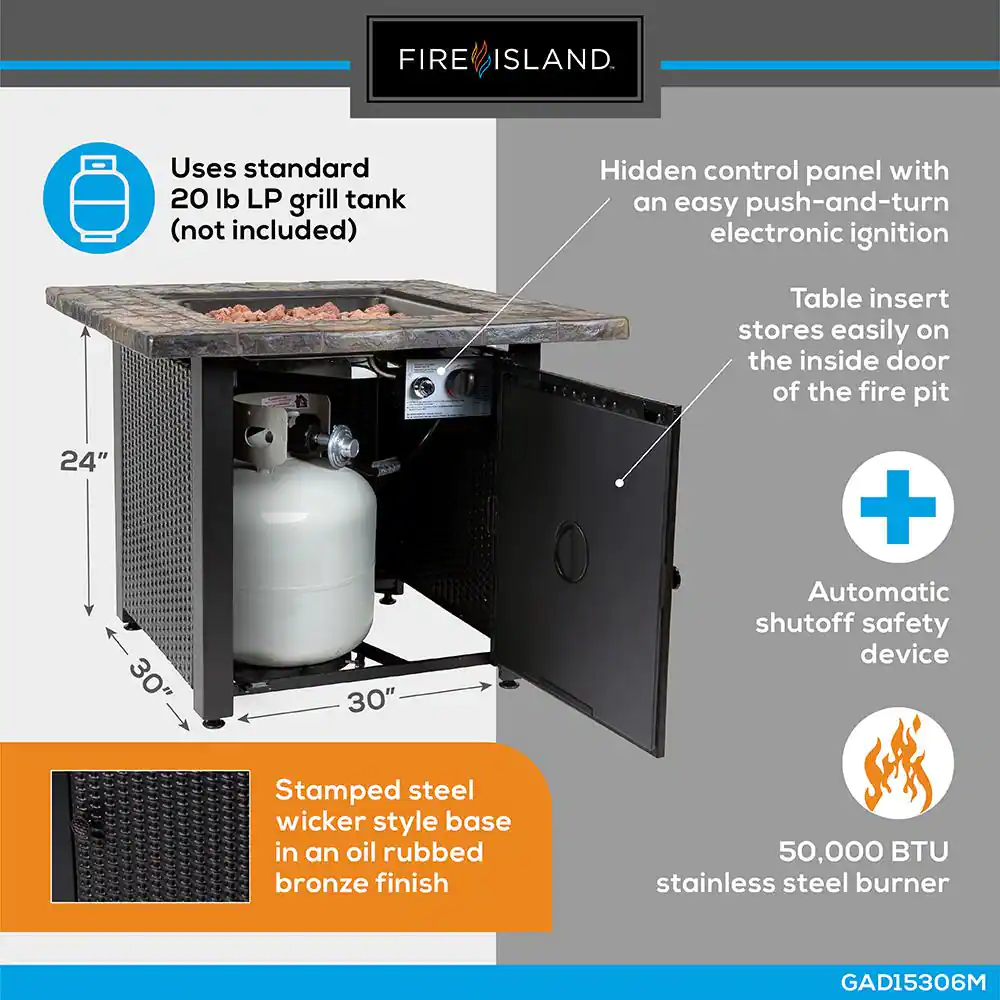 FIRE ISLAND 30 in. W x 24.6 in. H Square Steel LP Gas Mosaic Table Top Fire Pit with Oil Rubbed Bronze Base and 50000 BTU Burner