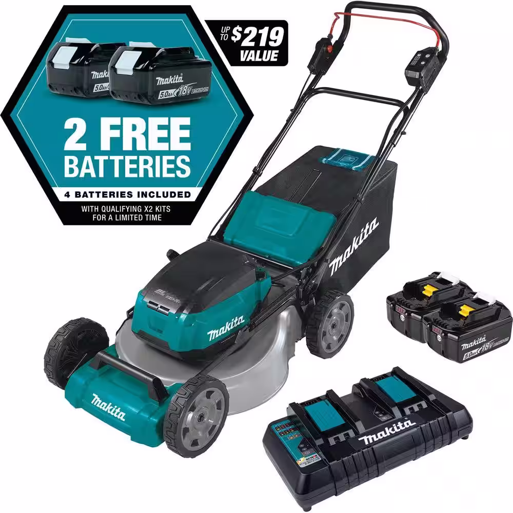 Makita 21 in. 18V X2 (36V) LXT Walk Behind Push Lawn Mower Kit with 4 Batteries (5.0 Ah) with bonus 18V X2 (36V) LXT Blower