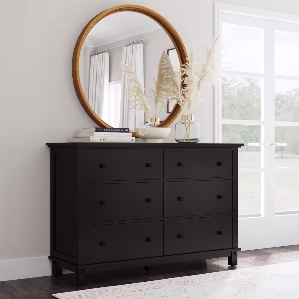 HOMESTYLES Oak Park 6-Drawer Black Dresser 36 in. H x 18 in. D x 54.5 in. W