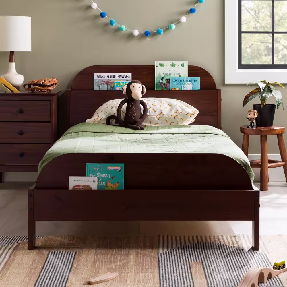Welwick Designs Walnut Twin Solid Wood Bookcase Bed Frame