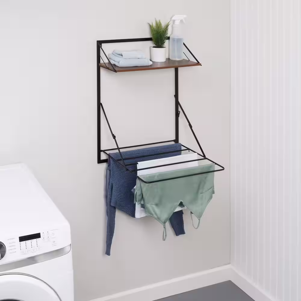 Honey-Can-Do Laundry Room Makeover 24 in. W x 31 in. H Melamine and Steel Wall-Mounted Folding Drying Rack in Black/Walnut
