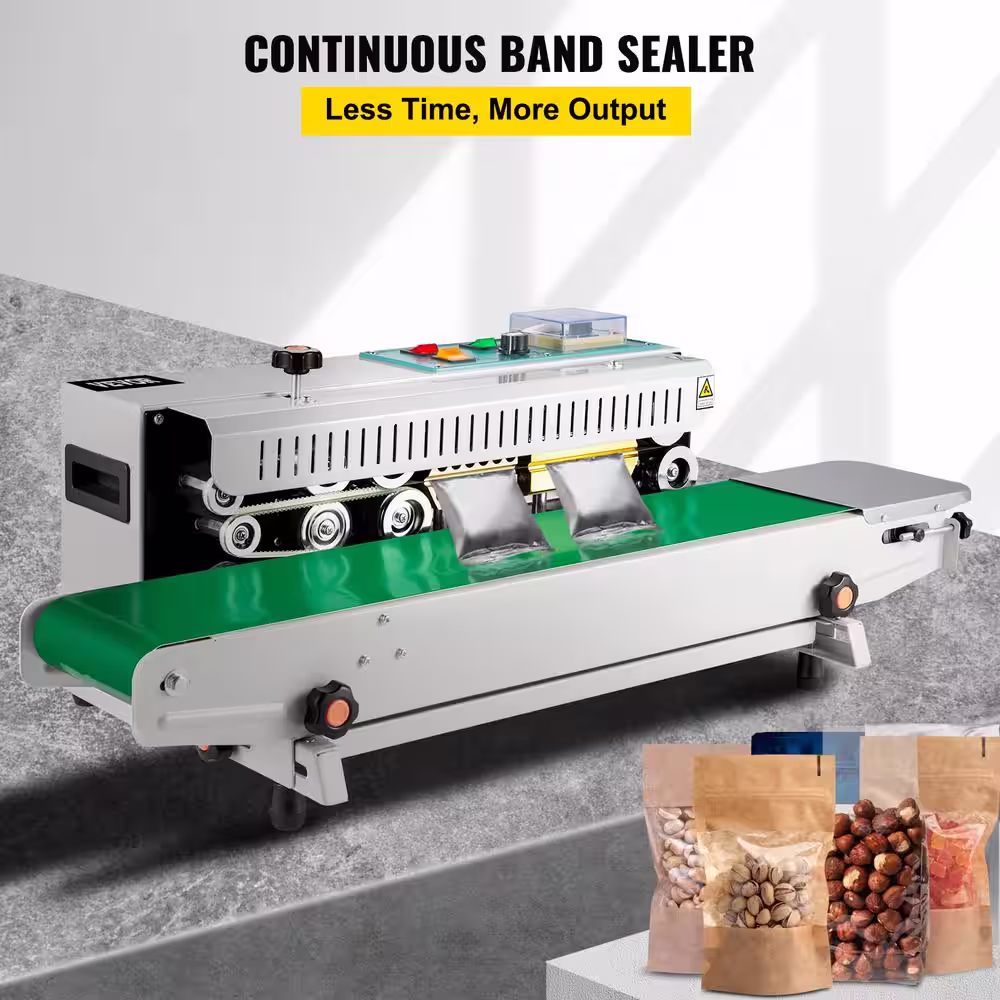 VEVOR Continuous Band Sealer Stepless Speed Adjusting Auto Horizontal Food Vacuum Sealer Machine for PVC, Bags, Silver