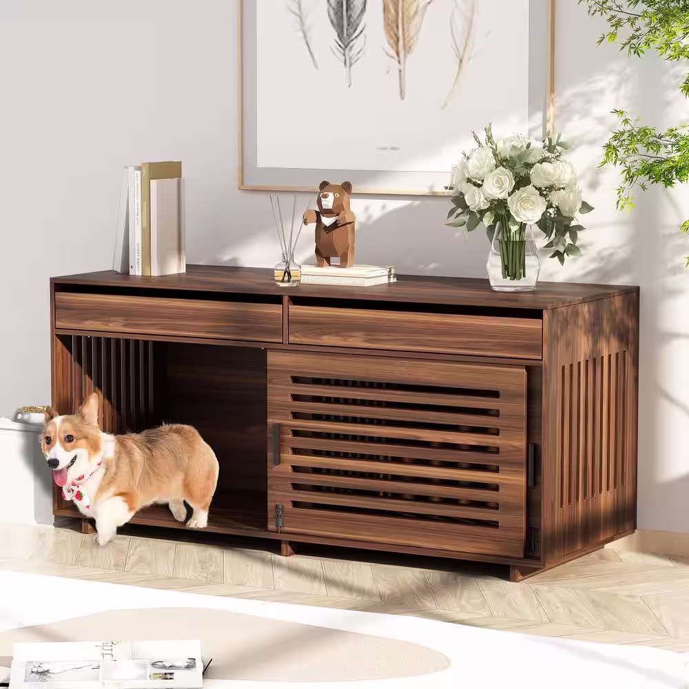 FUFU&GAGA Dog Crate Furniture, Wood Dog Crate Kennel with 2 Drawers and Divider, Heavy Duty Dog Cage for Small Medium Dog, Walnut