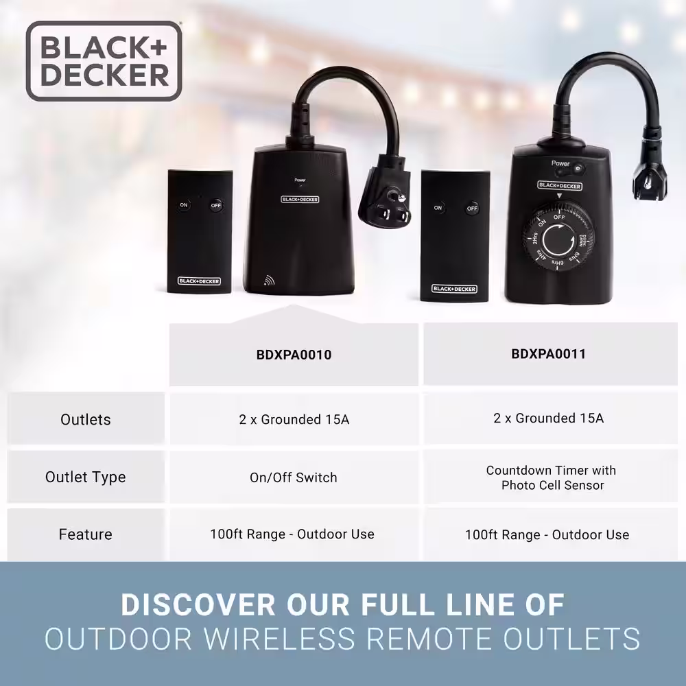 BLACK+DECKER Outdoor Wireless Outlet with Remote 2 Grounded Outlets Remote Light Switches