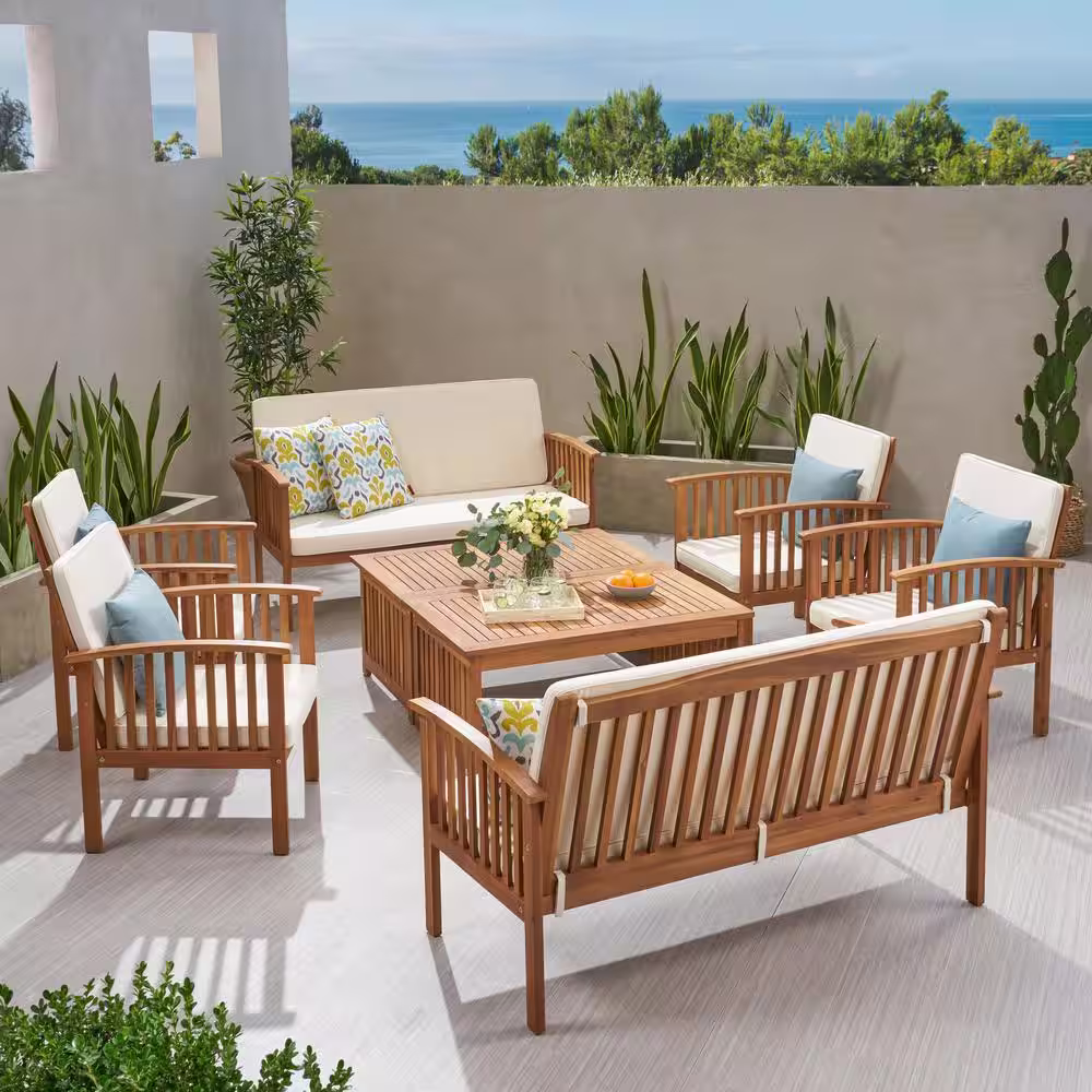 Noble House Carolina Brown 4-Piece Wood Patio Conversation Set with Beige Cushions