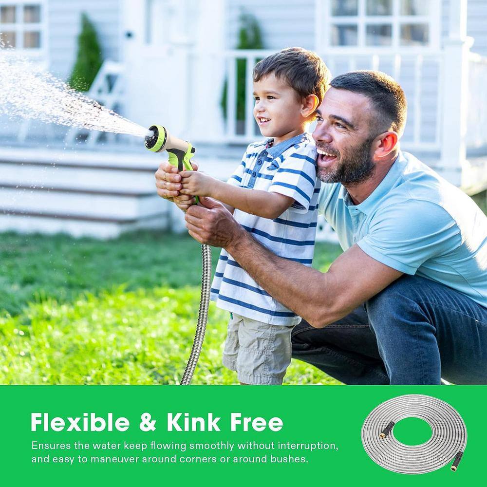 VIVOGROW 0.4 in. Dia. x 50 ft. Stainless Steel Water Hose with Brass Fittings and 10 Function Nozzle