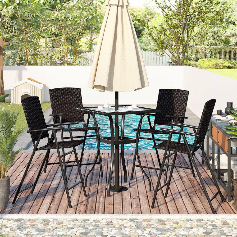 None 5-piece Wicker Rattan Outdoor Patio Dining Table with Umbrella Holes and 4 Folding Chairs