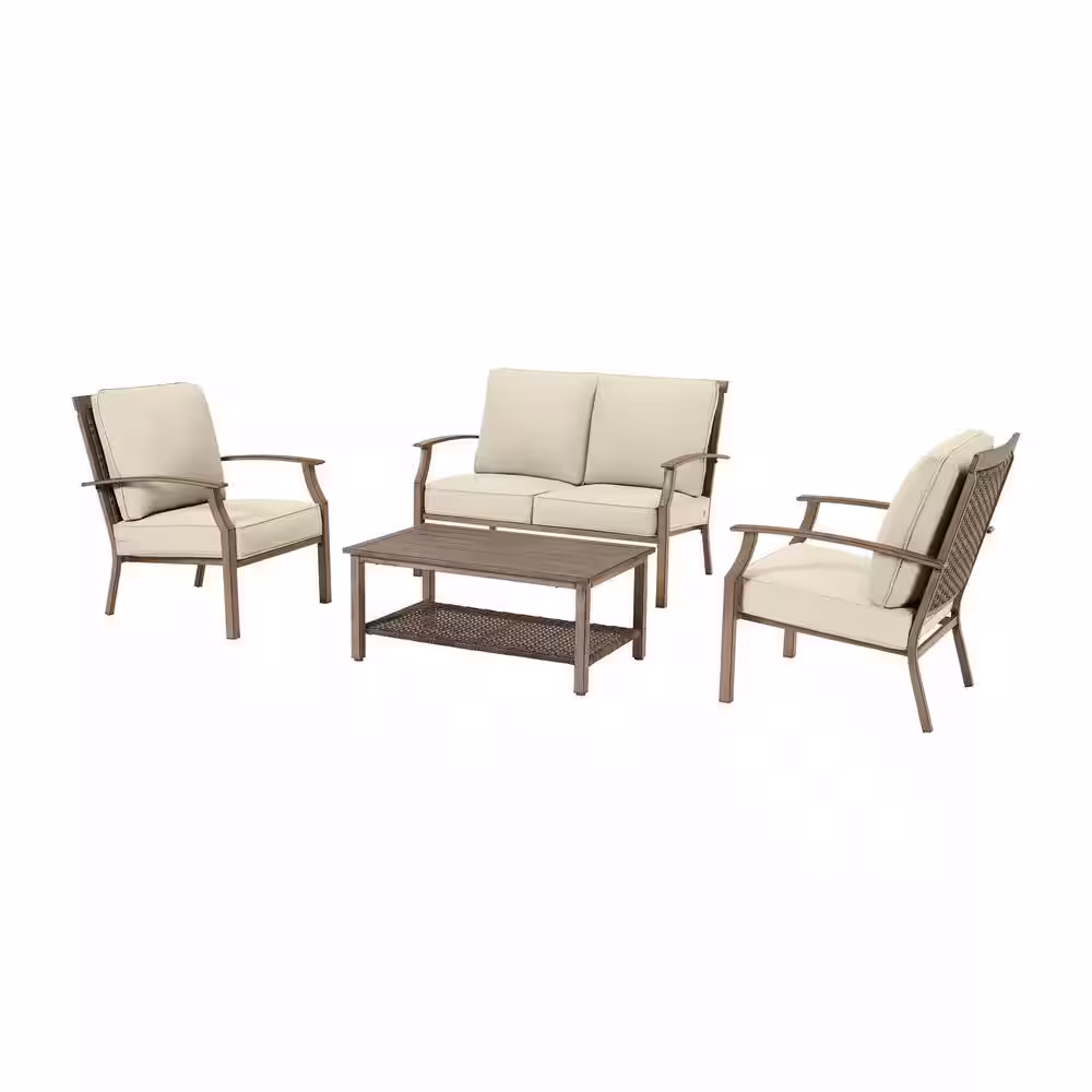 Hampton Bay Geneva 4-Piece Wicker Outdoor Patio Conversation Deep Seating Set with CushionGuard Putty Tan Cushions