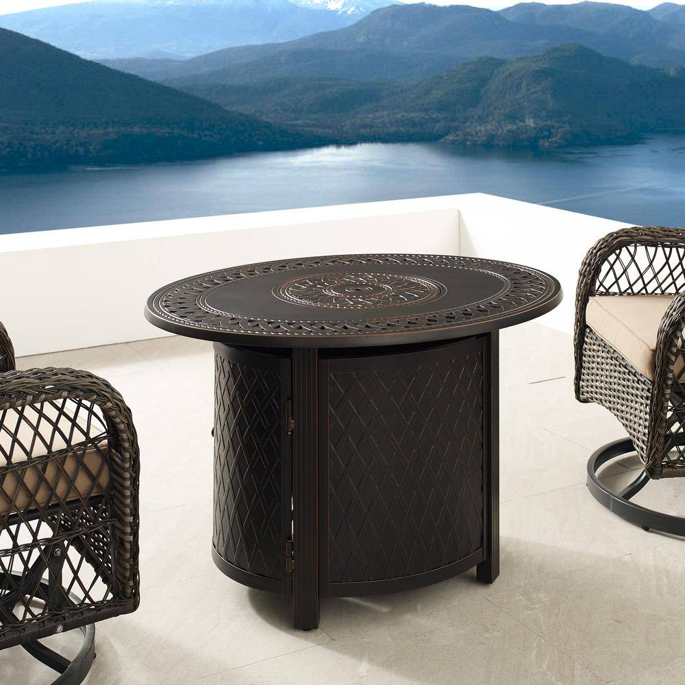 Fire Sense James 31.5 in. x 24.5 in. Oval Aluminum Liquid Propane Fire Pit Kit in Antique Bronze