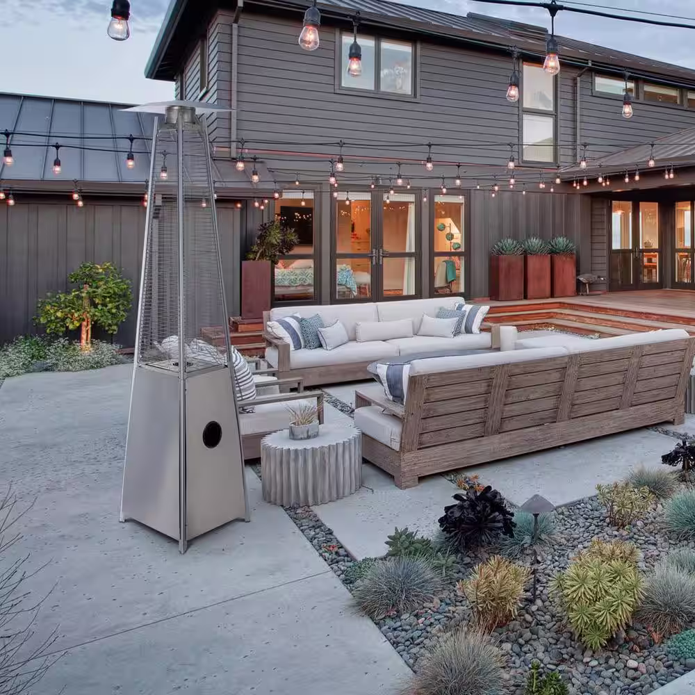 Kadehome 91 in. 40000 BTU Outdoor Patio Silver Pulse Ignition Iron Glass Tube Visual Flame Pyramid Patio Heater